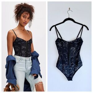 NWT Free People Night Rhythm Printed Bodysuit in Black & White Bows Size XS